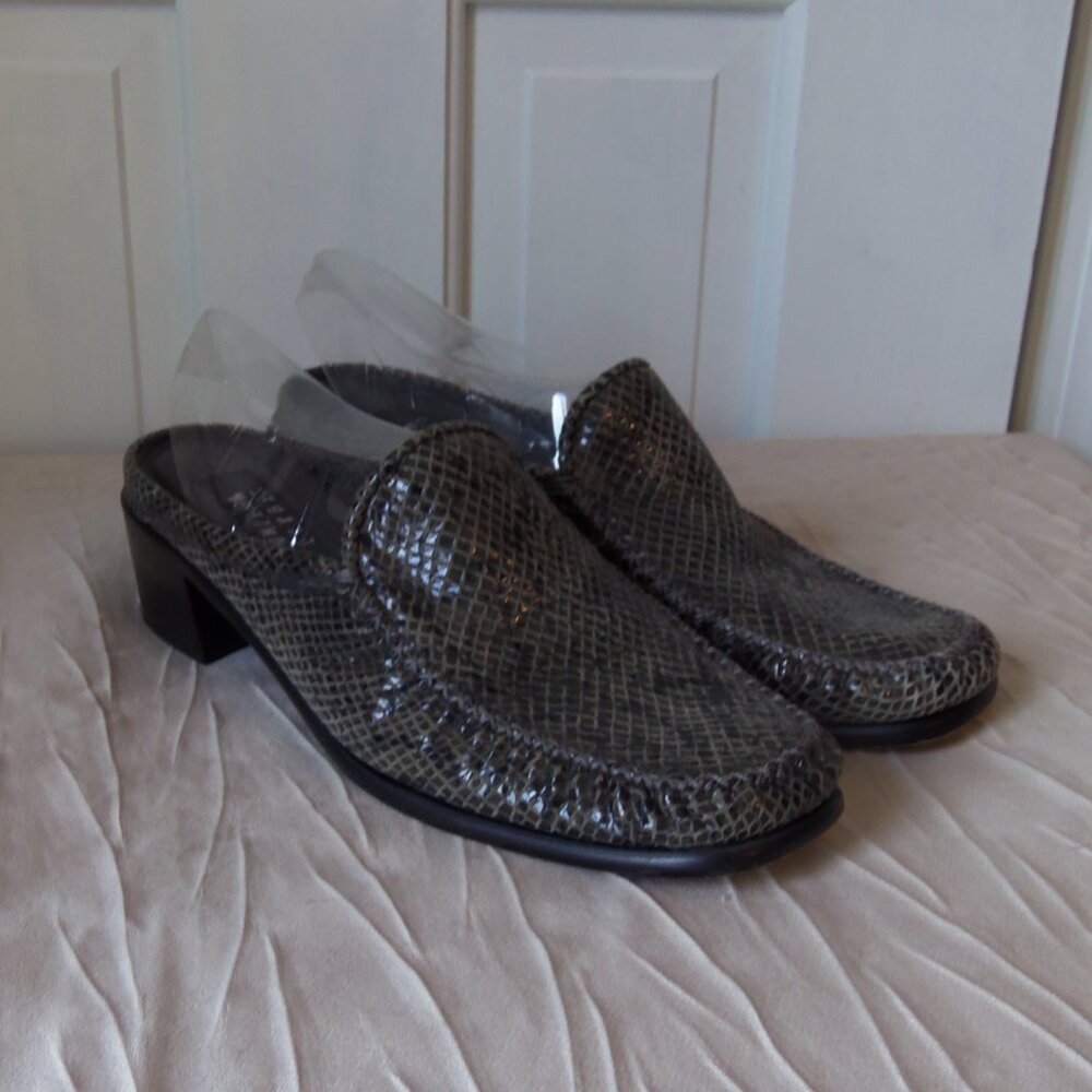 Stuart Weitzman Gray Snake Embossed Leather Mules… - image 1